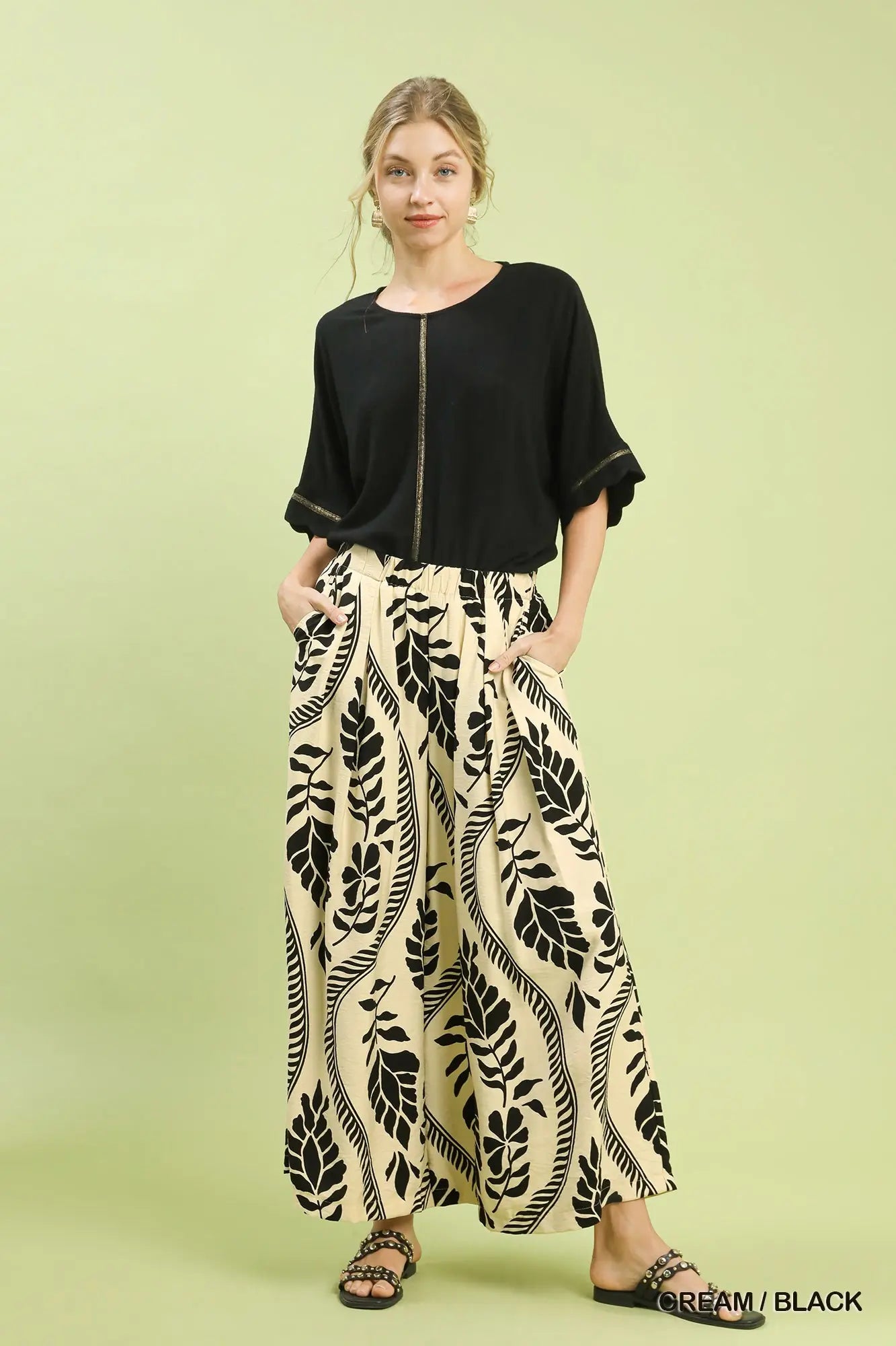 Tropical Leaf Print Wide Leg Pants