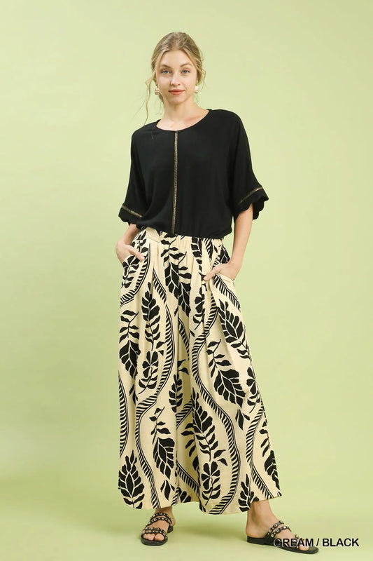Tropical Leaf Print Wide Leg Pants