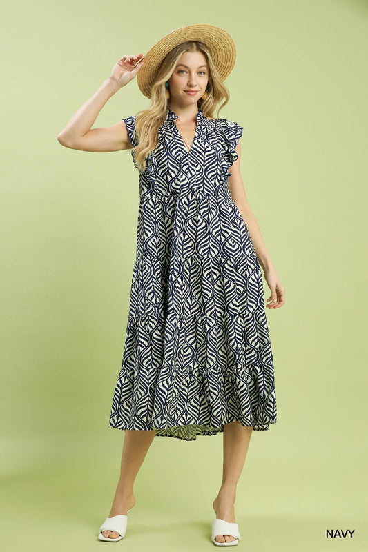 Leaf Print Tiered Midi Dress
