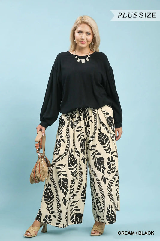 Tropical Leaf Print Wide Leg Pants