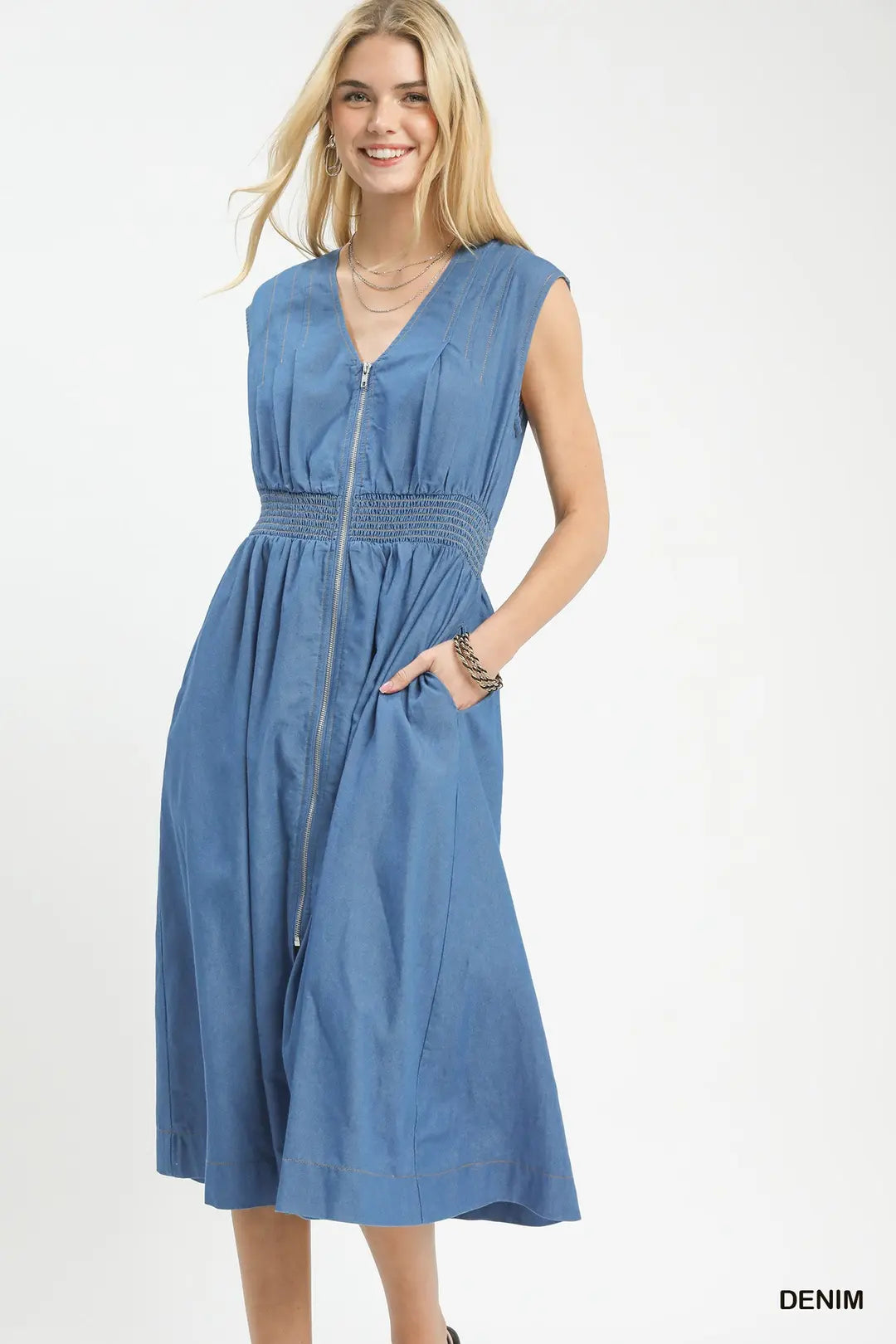 Denim Sleeveless Zip-Front Smocked Waist Midi Dress