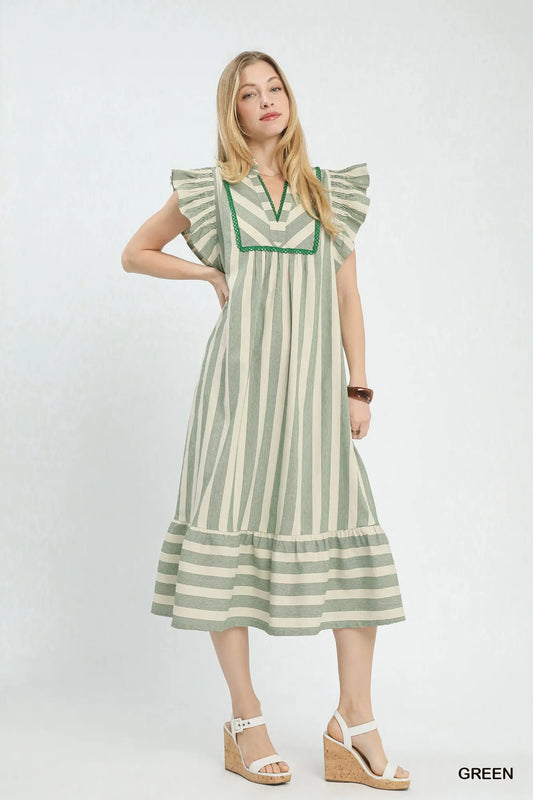 Stripe Ruffle Sleeve Tiered Midi Dress