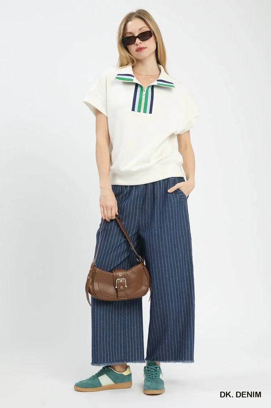 Denim Pinstripe Wide Leg Pants
