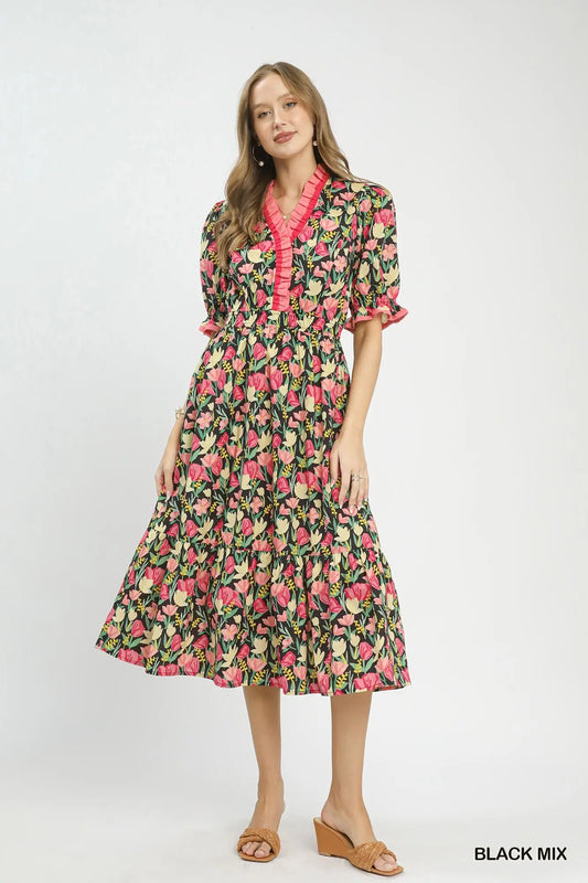 Floral Ruffle Trim Tiered Midi Dress