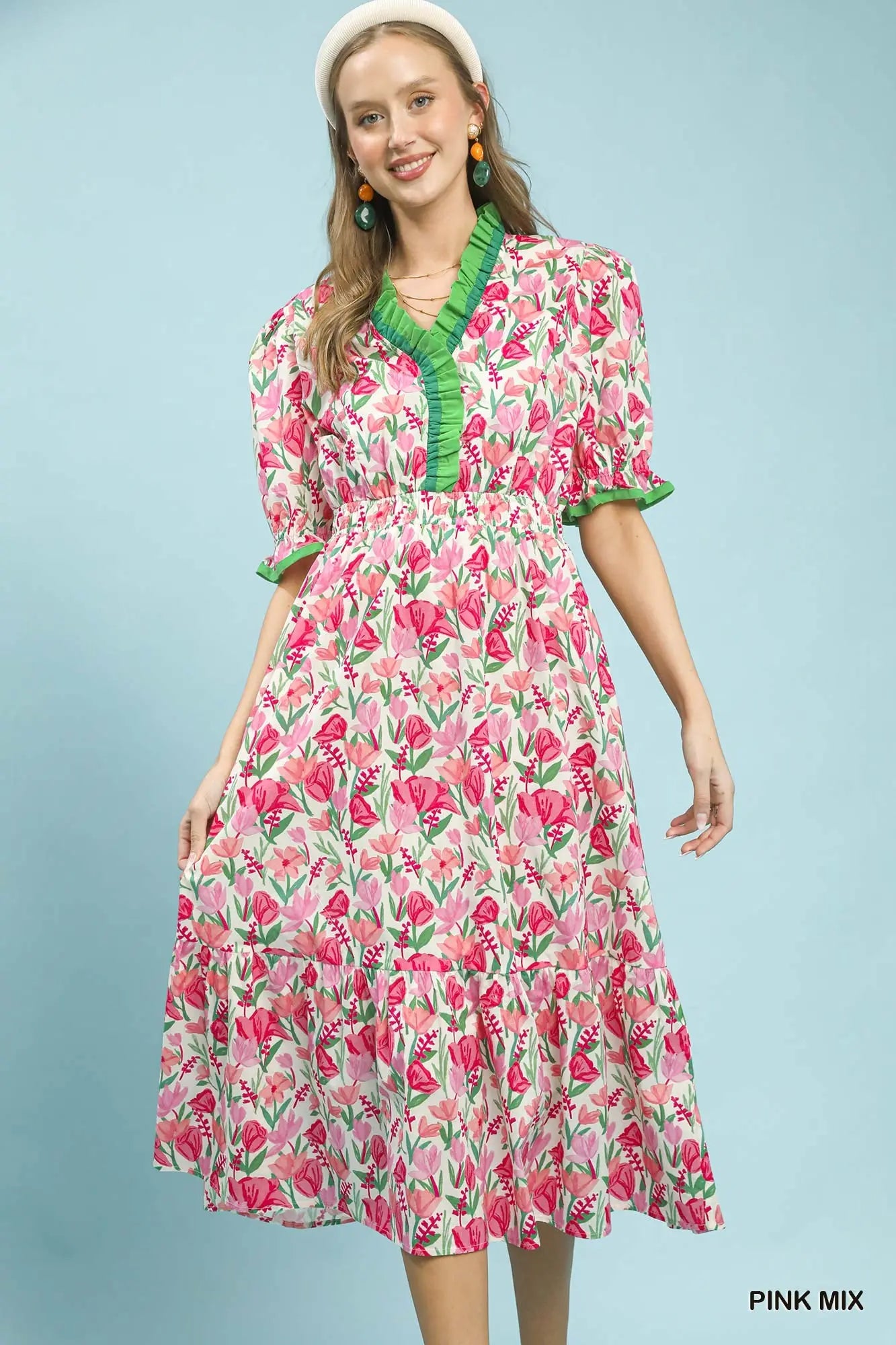 Floral Ruffle Trim Tiered Midi Dress