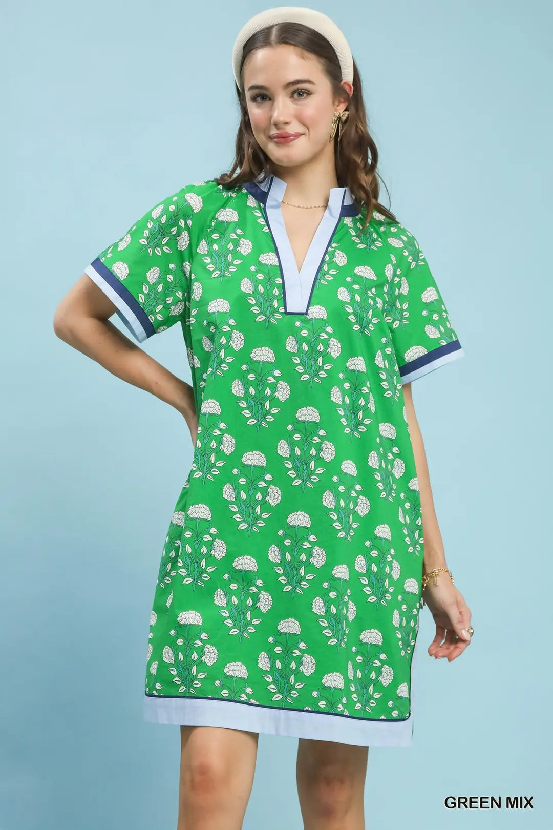 Printed Split Neck Short Sleeve Shift Dress