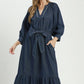 Chambray Belted Ruffle Hem Midi Dress