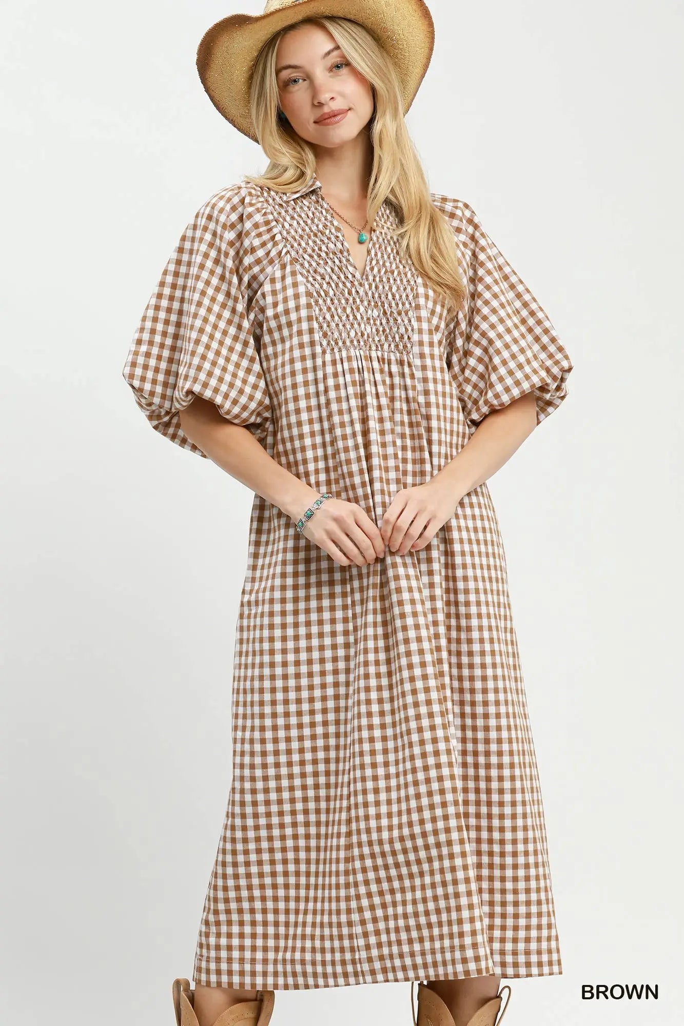 Brown Puff Sleeve Plaid Midi Dress