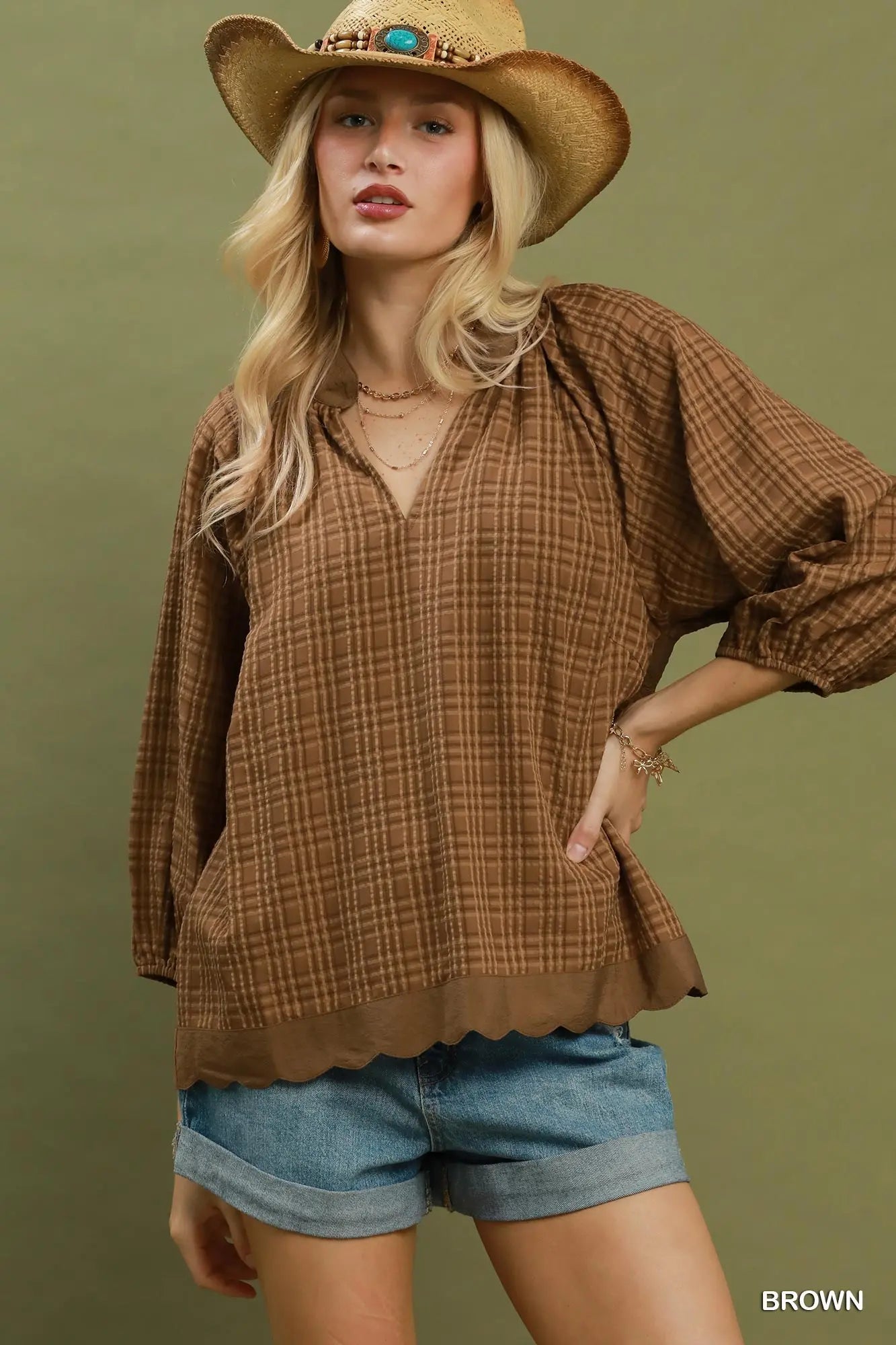 Brown Textured Plaid Scallop Hem Detail Top