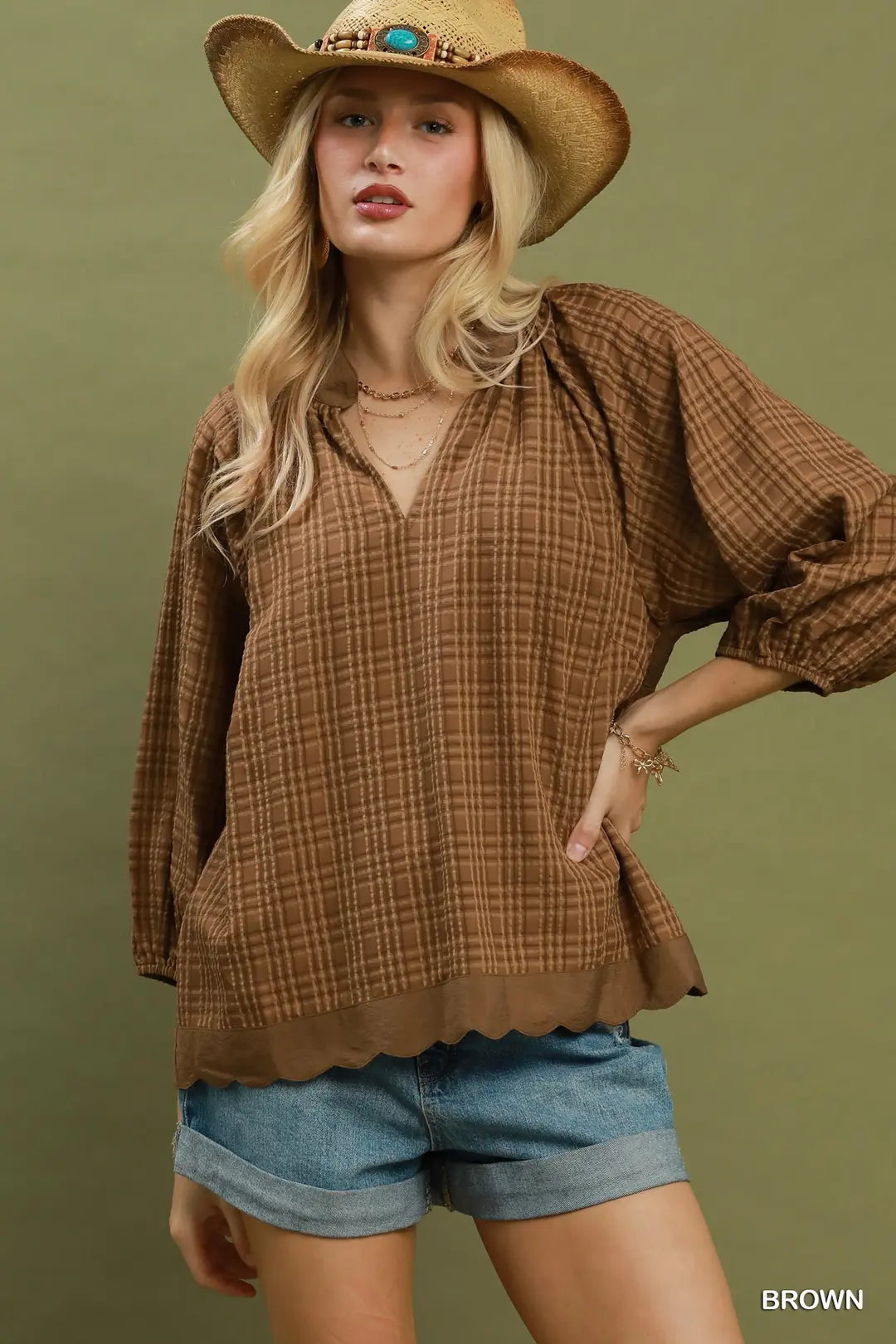 Textured Plaid Scallop Hem Detail Top