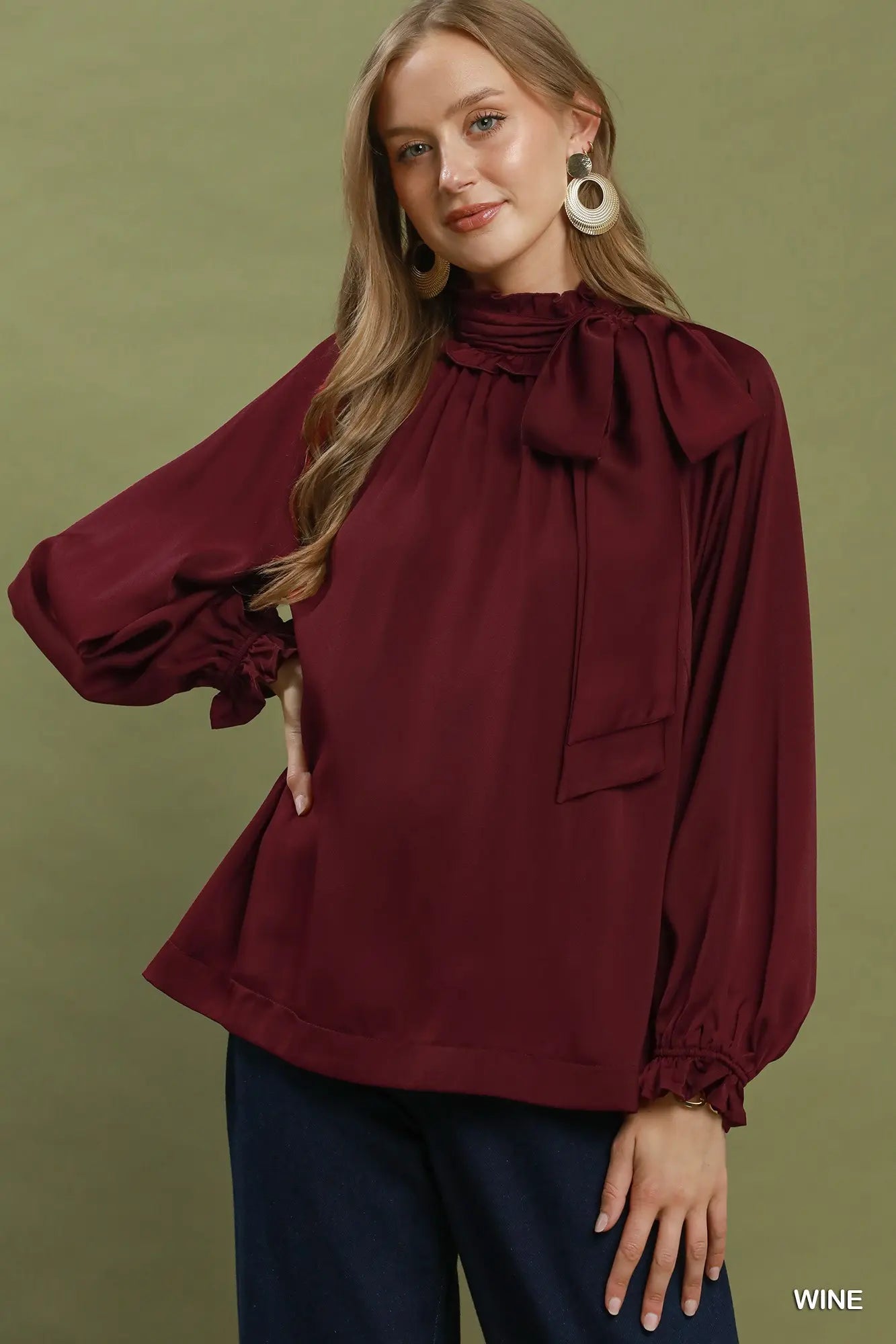 Satin Tie Neck Ruffle Detail Long Sleeve Blouse