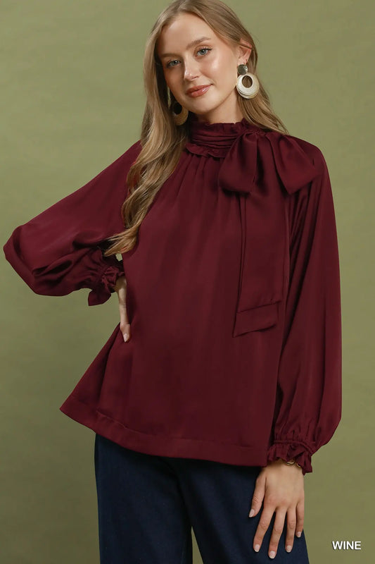 Satin Tie Neck Ruffle Detail Long Sleeve Blouse