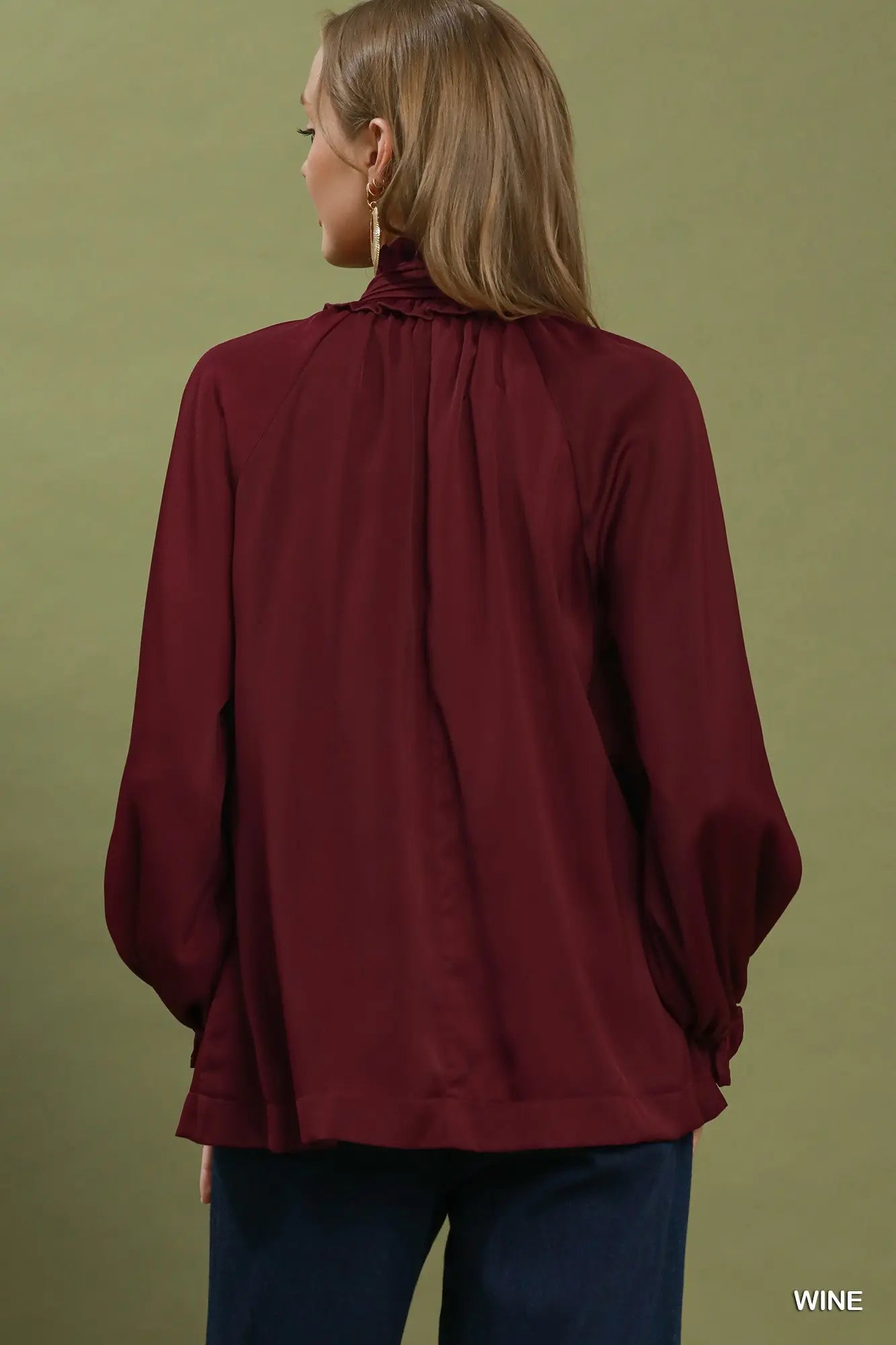 Satin Tie Neck Ruffle Detail Long Sleeve Blouse
