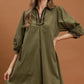 Olive V-Neck Shift Dress with Contrast Trim