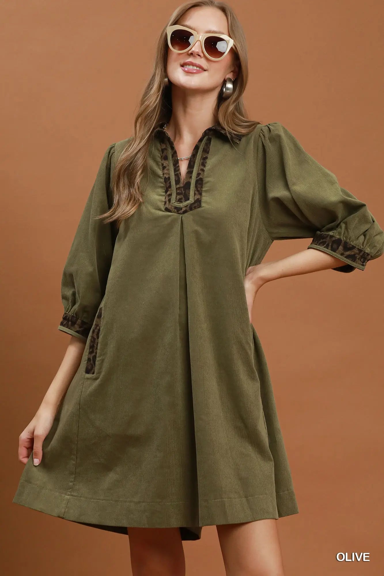 Olive V-Neck Shift Dress with Contrast Trim