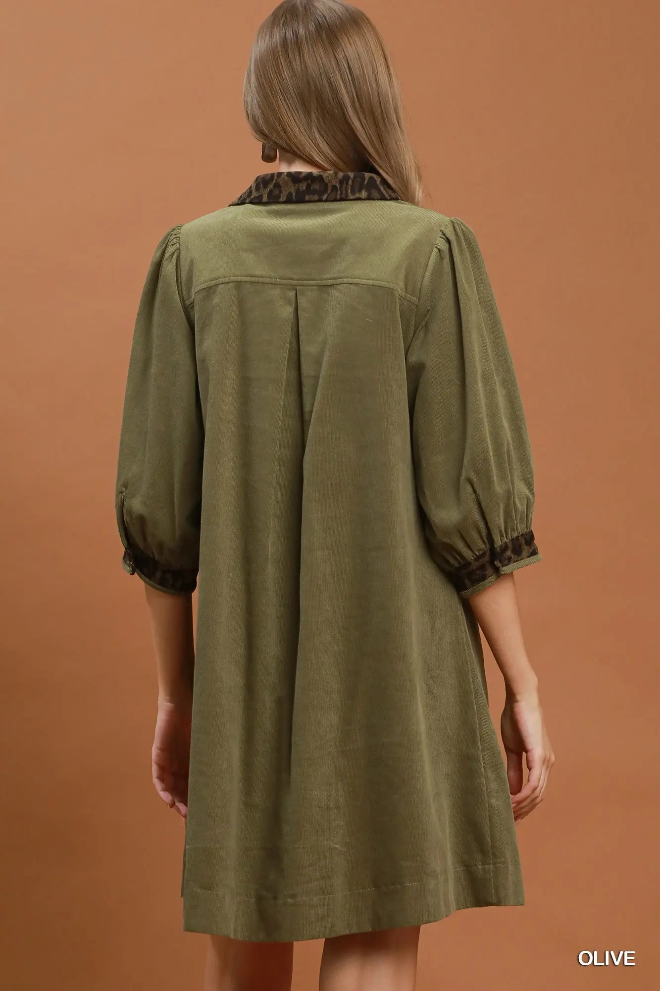 Olive V-Neck Shift Dress with Contrast Trim