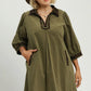 Olive V-Neck Shift Dress with Contrast Trim