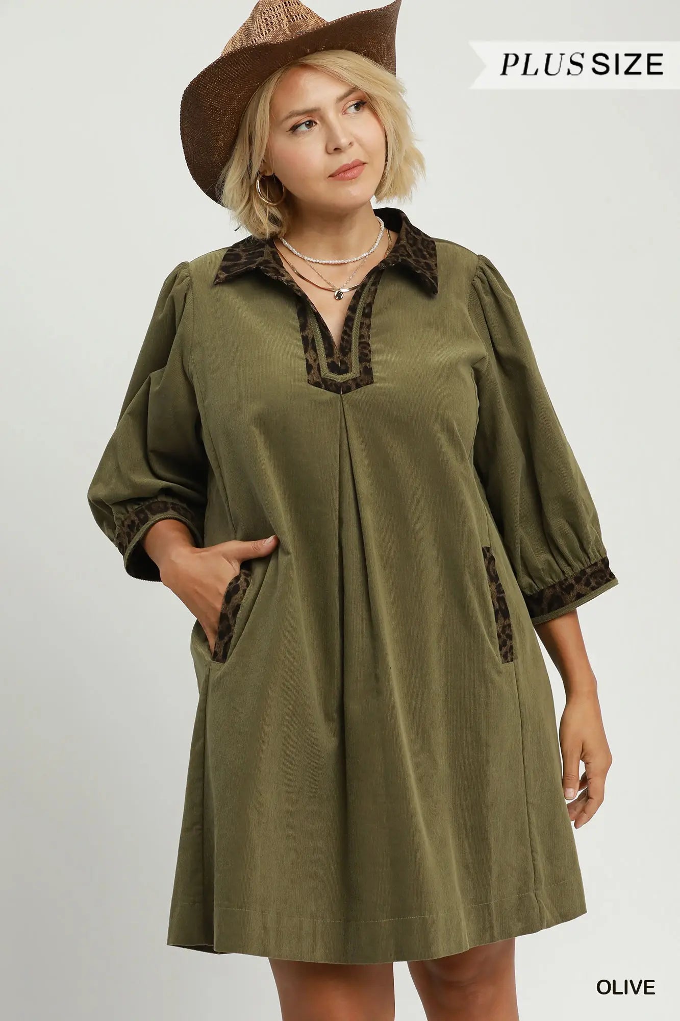 Olive V-Neck Shift Dress with Contrast Trim