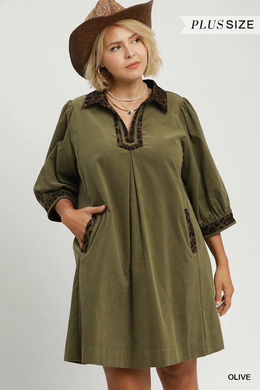 Olive V-Neck Shift Dress with Contrast Trim