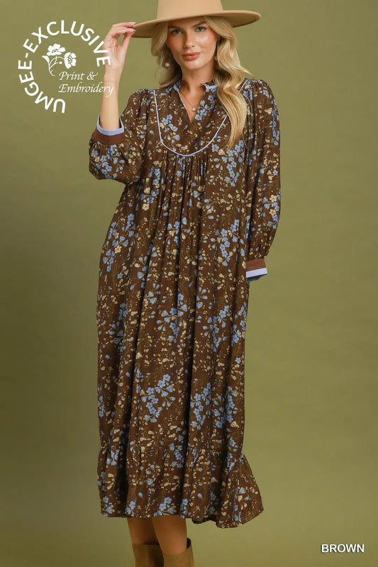 Floral Print Contrast Trim Maxi Dress