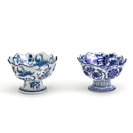 Blue and White Scalloped Edge Hand-Painted Footed Bowl