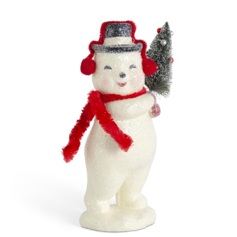 Glittered Snowman With Earmuffs & Bottle Brush Tree