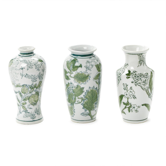 Primrose and Lotus Painted Green and White Chinoiserie Vases