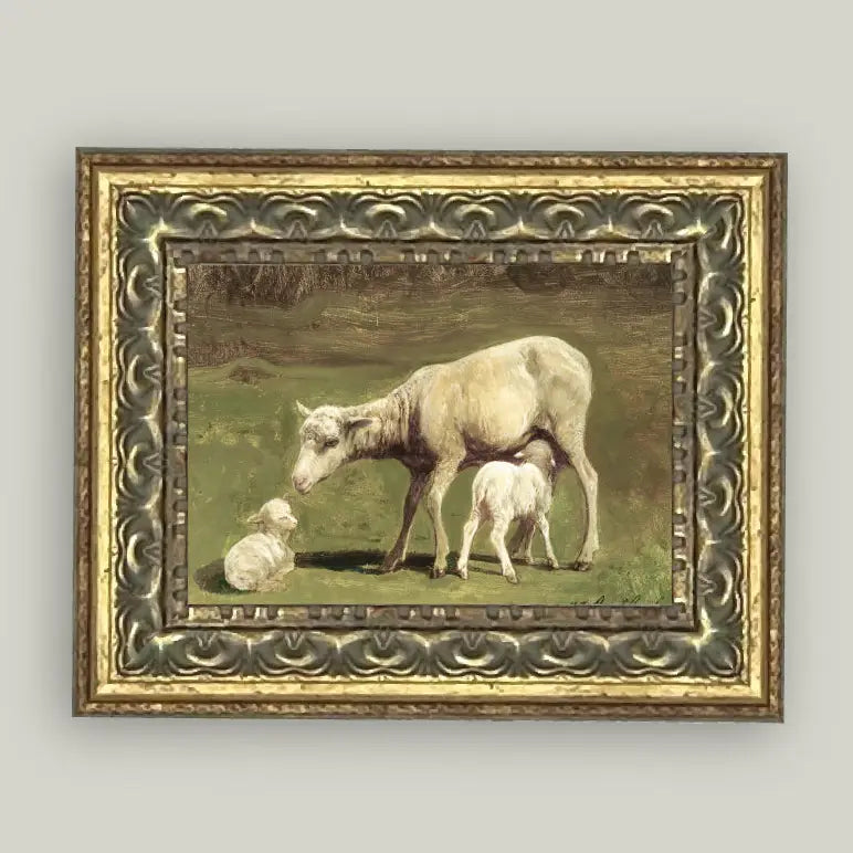 Ewe and Two Lambs Framed Antique Art