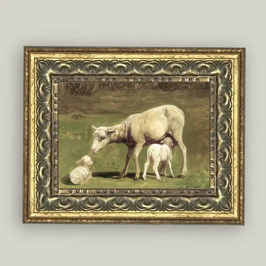 Ewe and Two Lambs Framed Antique Art