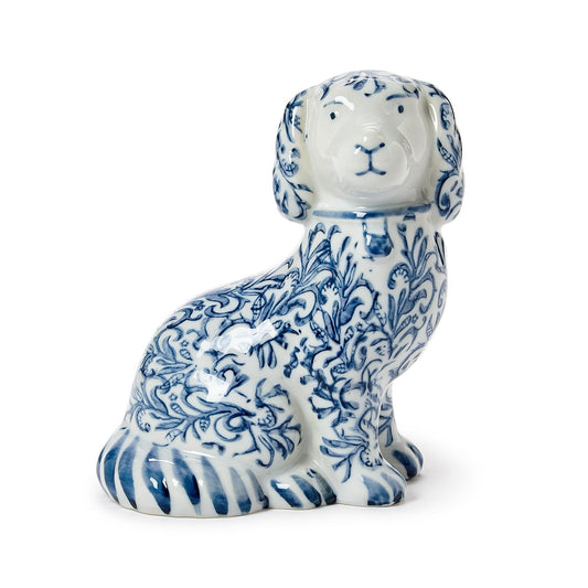 Chinoiserie Hand-Painted Blue and White Decorative Staffordshire Dog Statue