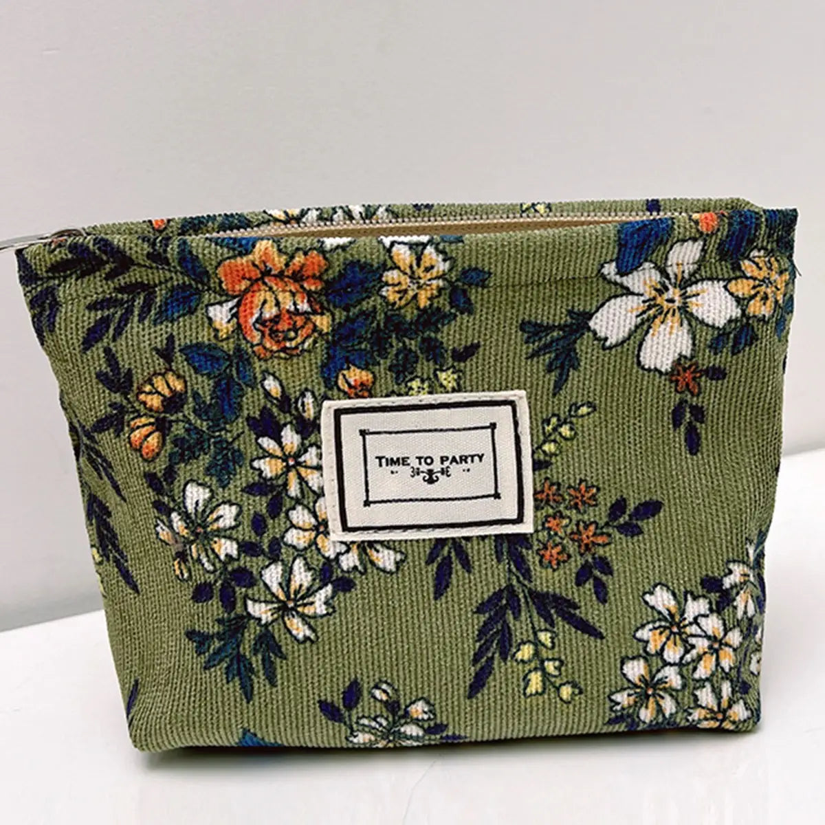 Corduroy Flower Pattern Zipper Makeup Bag