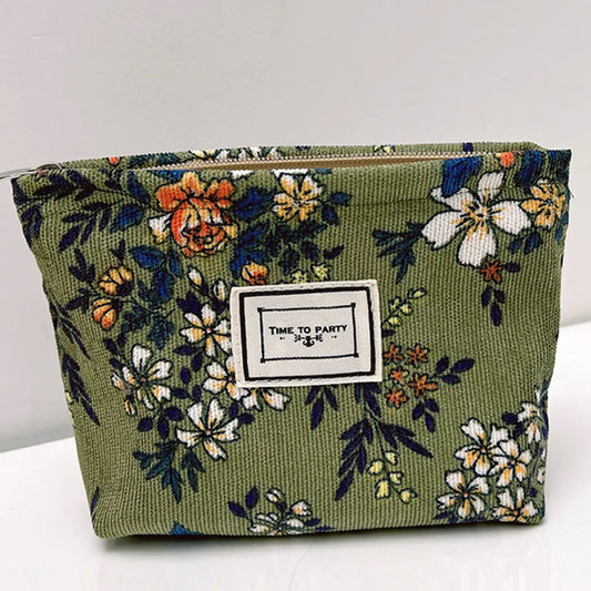 Corduroy Flower Pattern Zipper Makeup Bag