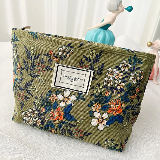 Vintage Corduroy Floral Travel Makeup Bag
