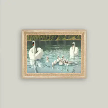 Swan Family Framed Antique Art