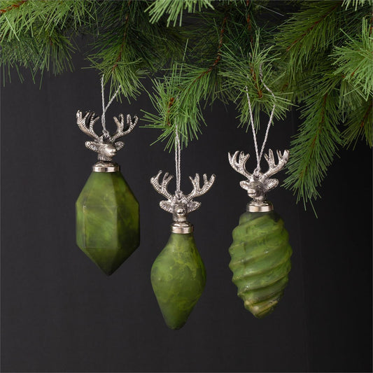 Deer Head Glass Ornaments Green & Silver