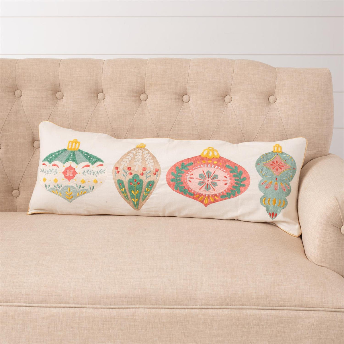 Merry Ornaments Embroidered Lumbar Pillow