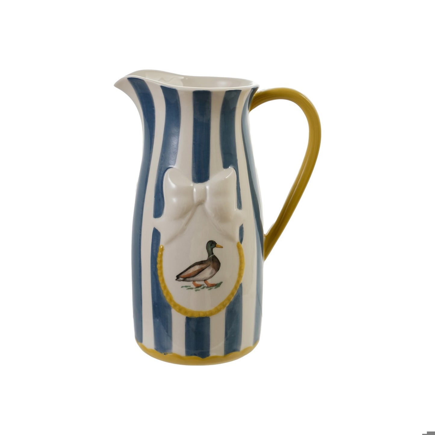 Striped Stoneware Pitcher With Bird & Bow