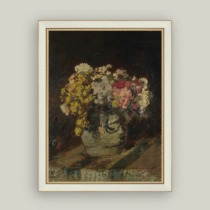 Vase of Pink & Yellow Flowers Framed Antique Art