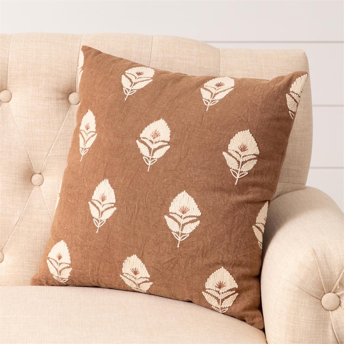 Embroidered Rust Floral Pillow