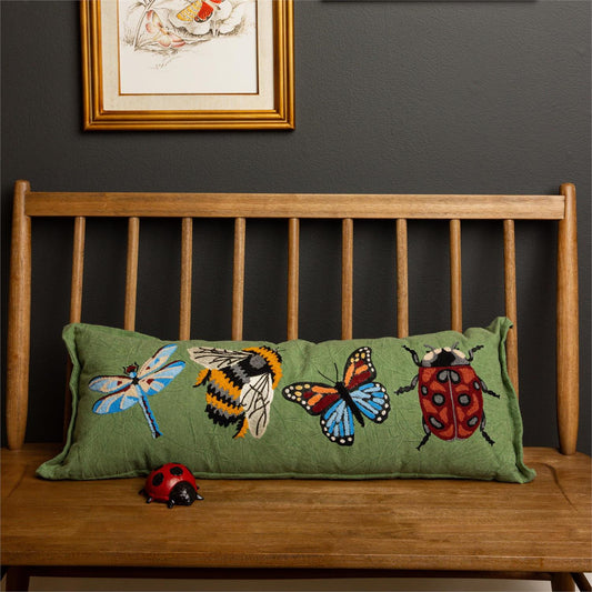 Green Canvas Embroidered Bug Pillow