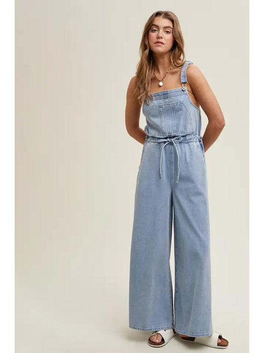 Denim Drawstring Wide Leg Overalls