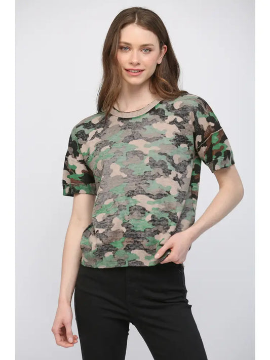 Printed Crew Neckline Short Sleeve Sweater
