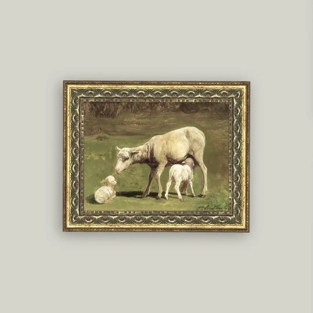 Ewe and Two Lambs Framed Antique Art