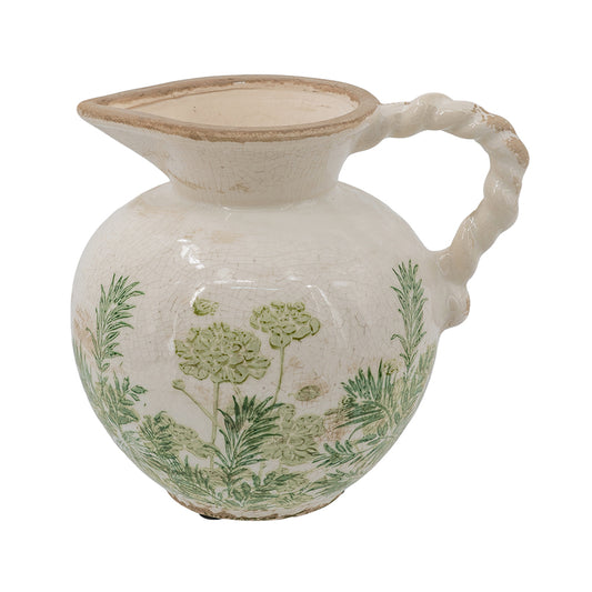 White & Green Botanical Ceramic Pitcher