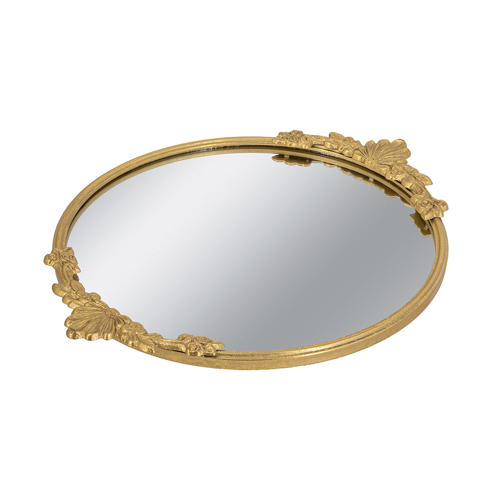 Gold Frame Round Mirrored Tray