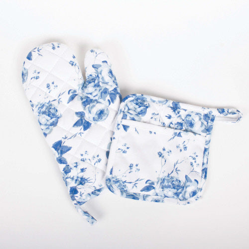 Blue Rose Oven Mitt Set
