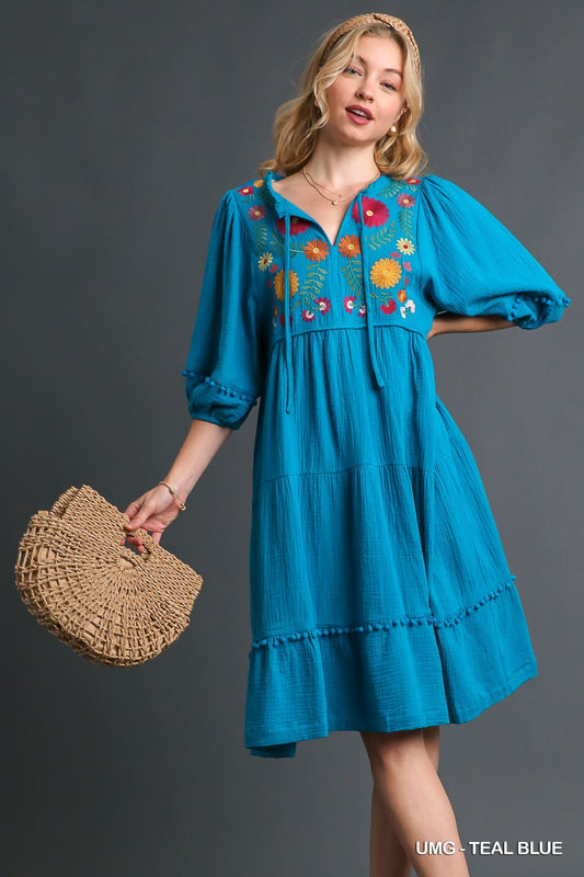 Cotton Gauze Floral Embroidery Dress