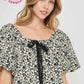 Floral Print Top with Lace Tape Drawstring