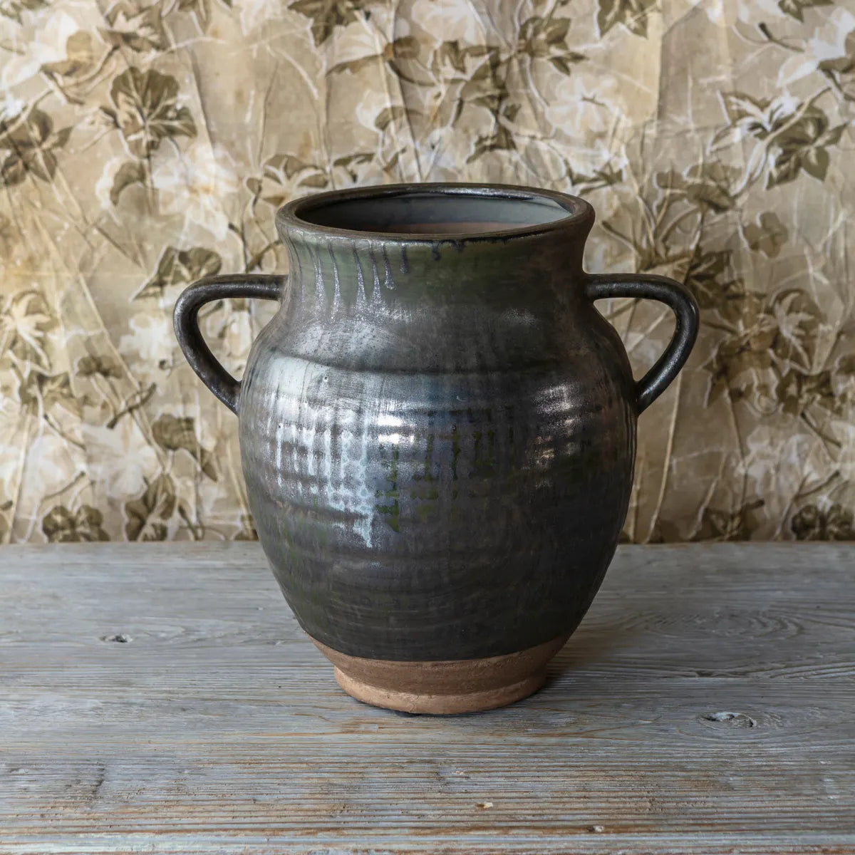 Aged Olive Dripped Glazed Pottery Jardinere