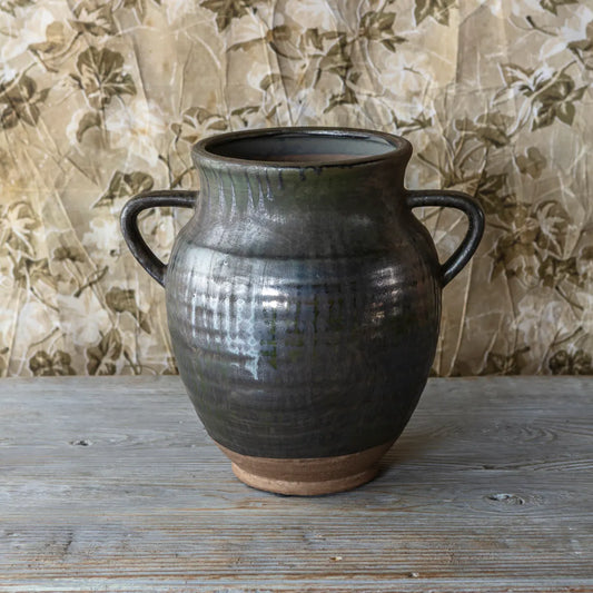 Aged Olive Dripped Glazed Pottery Jardinere